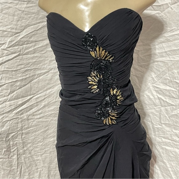 Badgley Mischka Collection black silk strapless ruched side sequin fitted dress - Picture 3 of 13